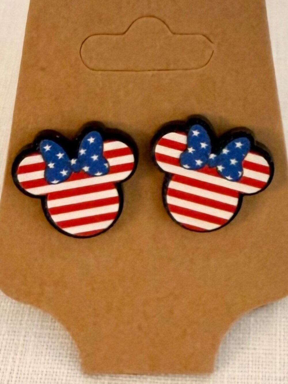 Patriotic Mouse Stud Earrings Red White Blue Stars Stripes Bow 0.7in